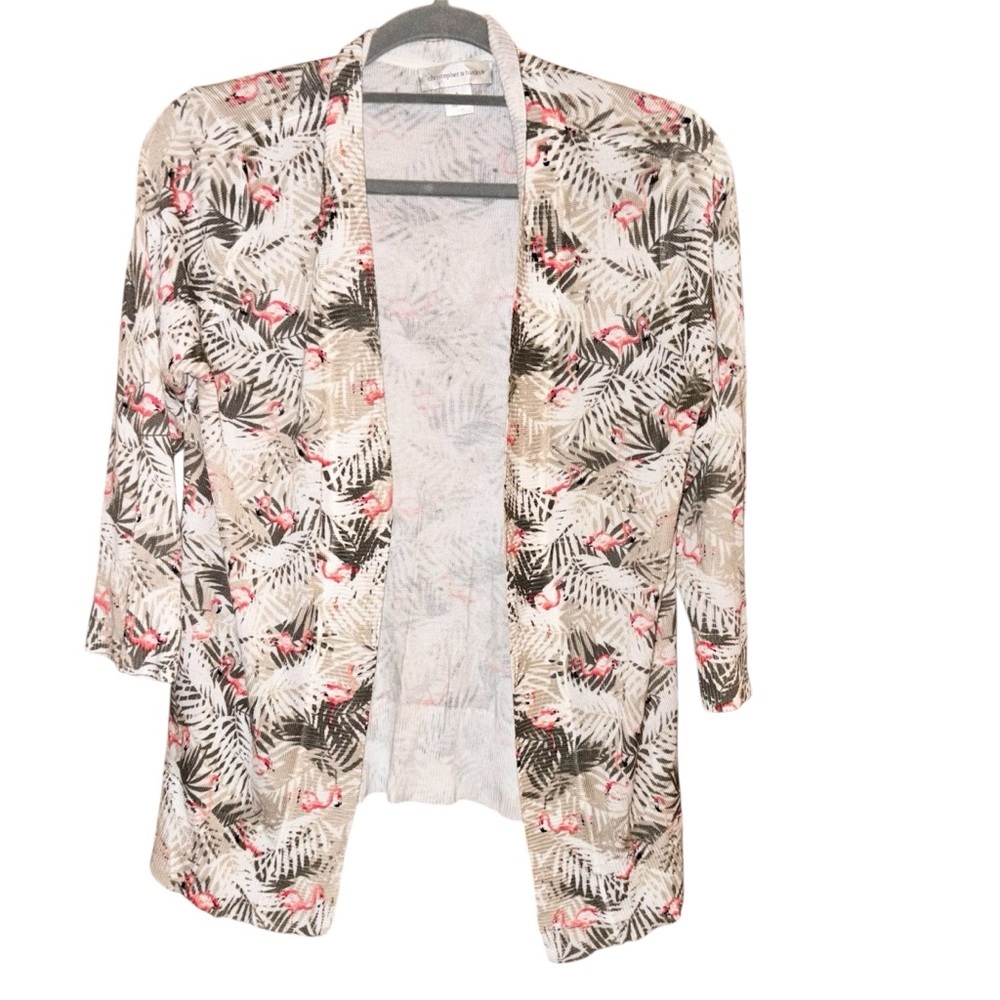 Christopher & Banks Flamingo‎ Print open front cardigan cream pink size small